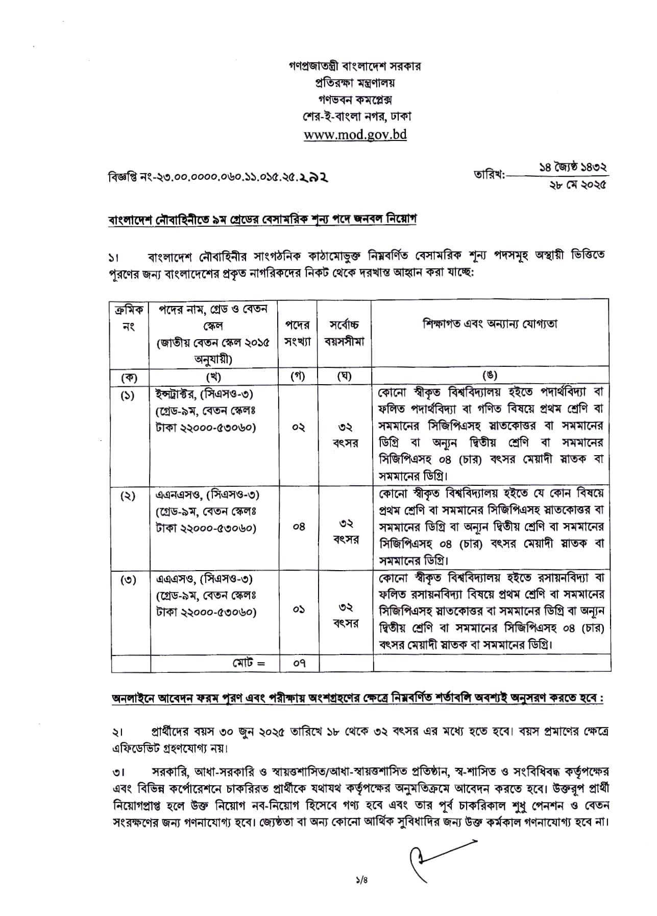 Circular-Ministry of Defence (MOD) Job Circular 2025 (Page-1)