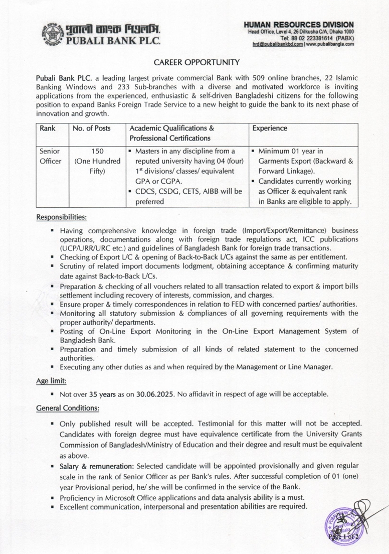 Circular-Pubali Bank Senior Officer Job Circular 2025 (Page-1)