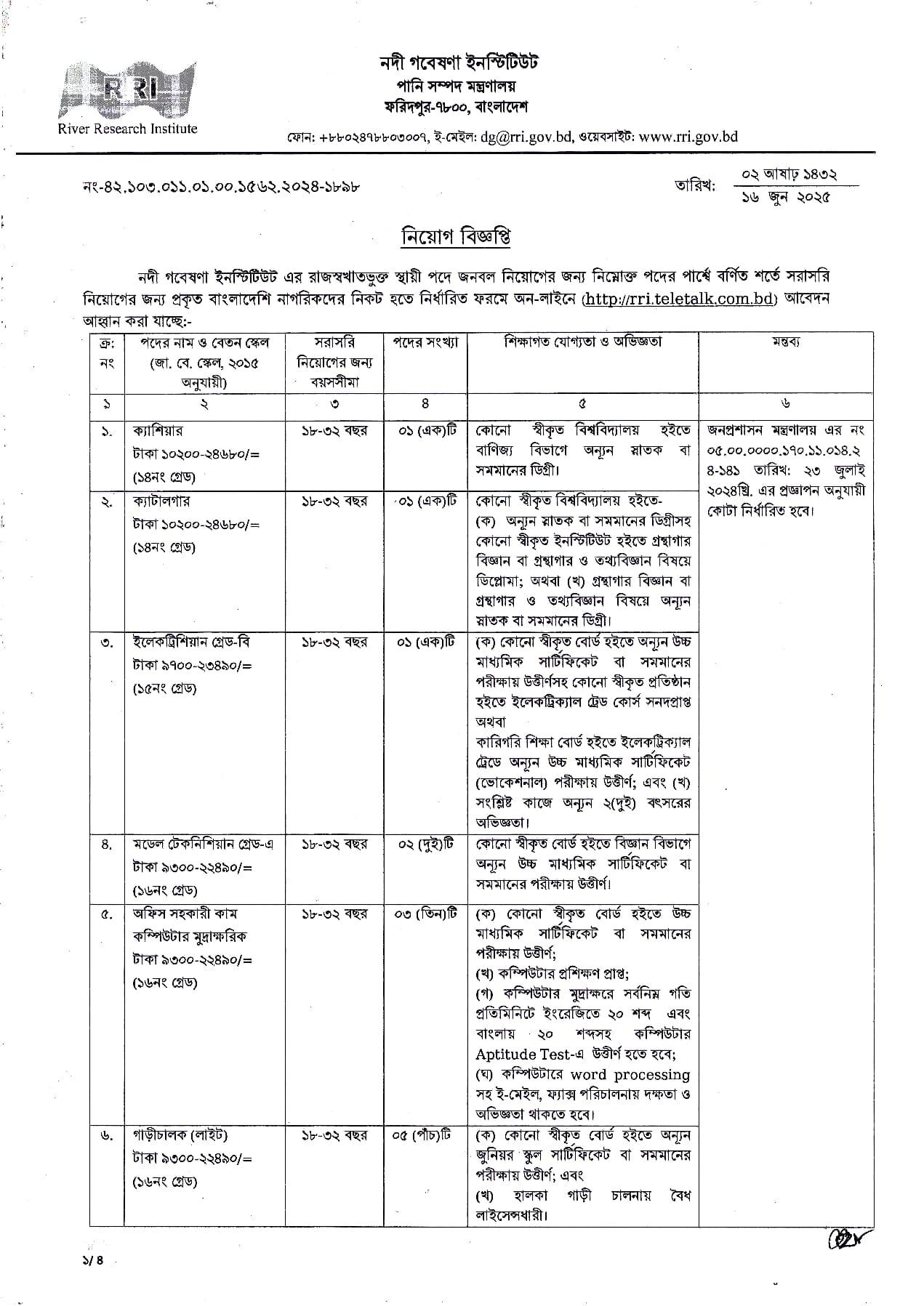 Circular-RRI (River Research Institute) Job Circular 2025 (Page-1)