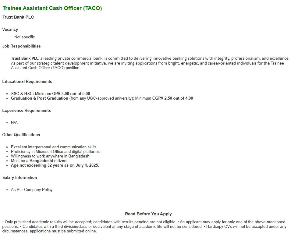 Circular-Trainee Assistant Cash Officer (TACO)