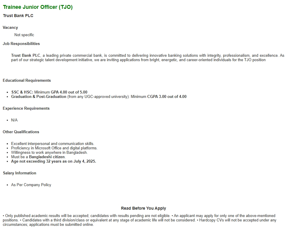 Circular-Trainee Junior Officer (TJO)