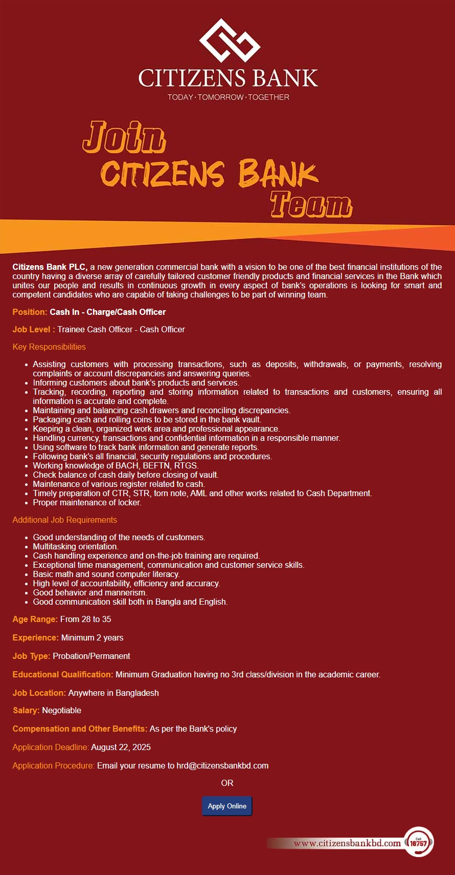 Circular-Citizens Bank Cash Officer Job Circular 2025