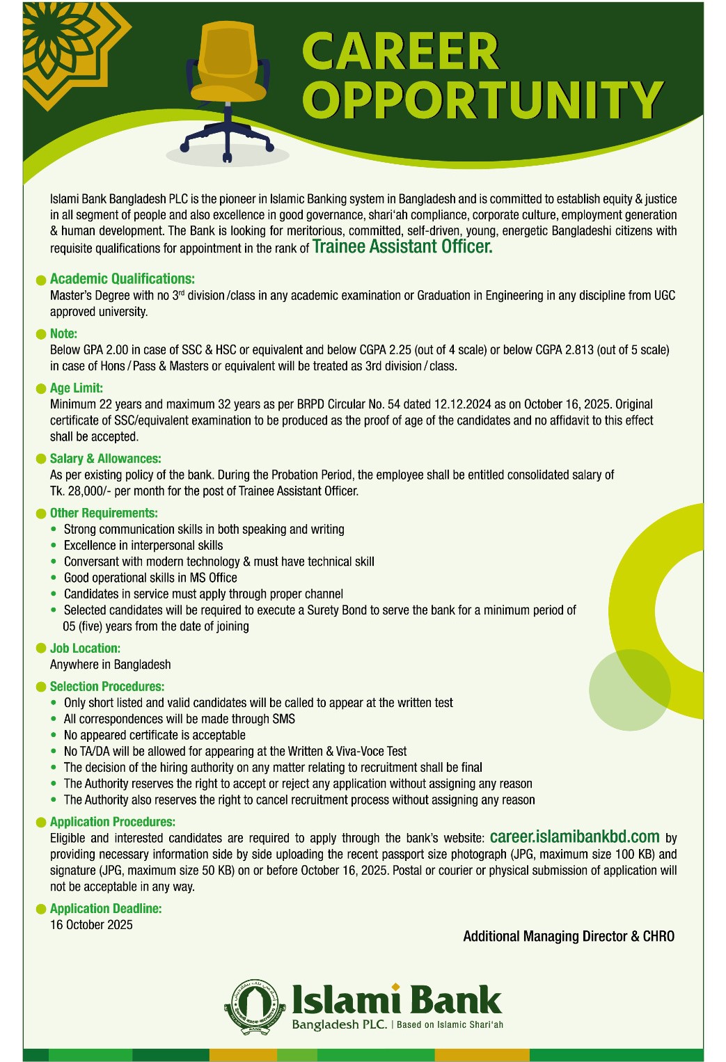 Circular-Trainee Assistant Officer-Islami Bank